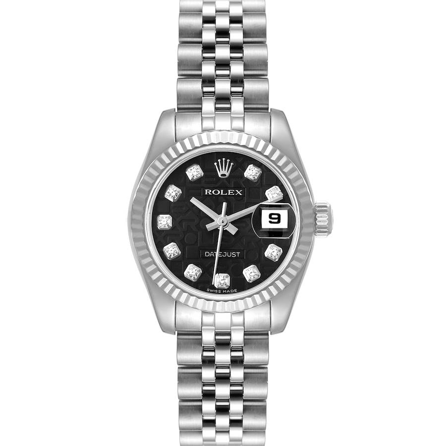 This image shows a Rolex Datejust 179174 Women's Stainless Steel Black Dial 179174 Women's Stainless Steel Black Dial watch from a frontal angle, highlighting its face, dial, bezel, and Jubilee bracelet.