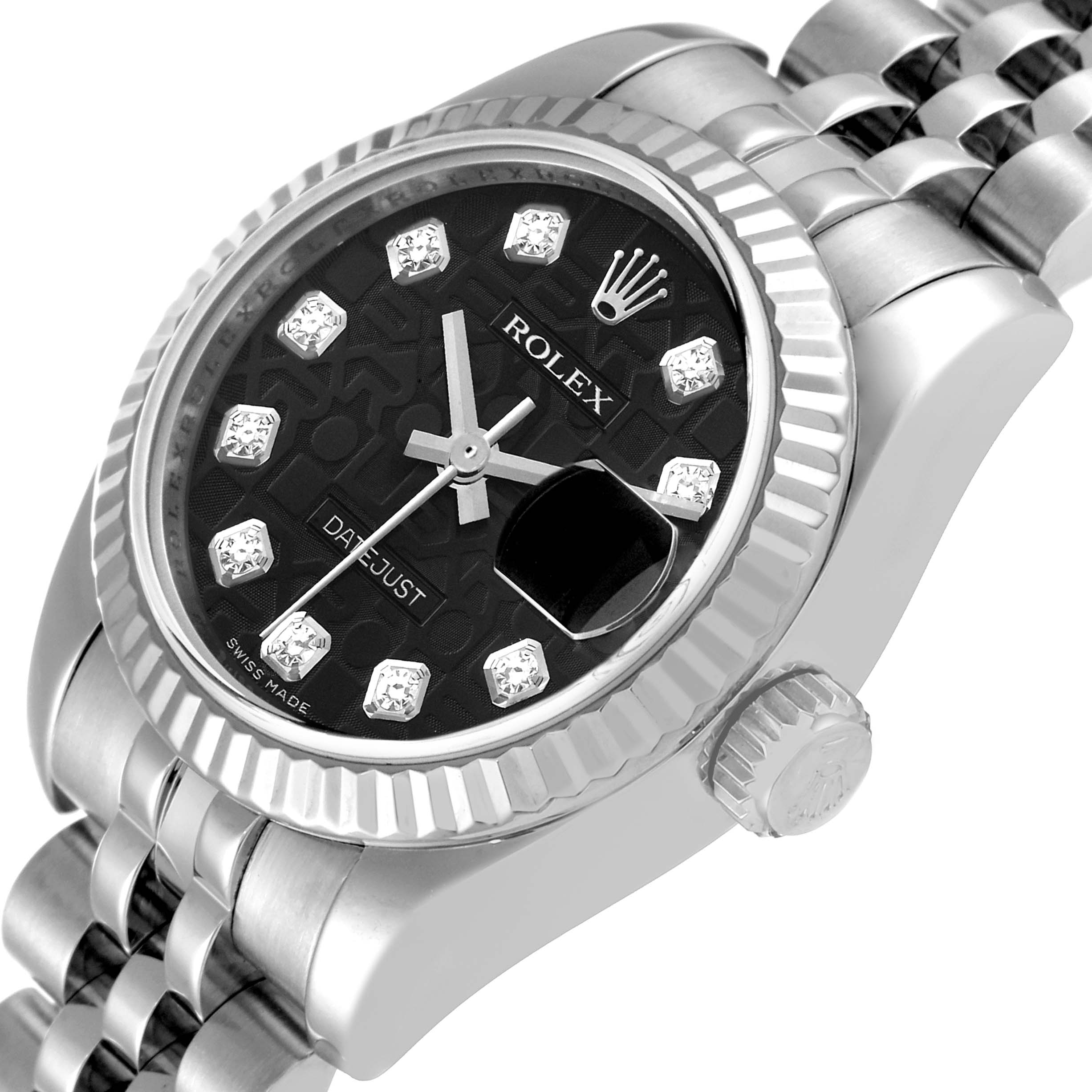The image shows a Rolex Datejust 179174 Women's Stainless Steel Black Dial 179174 Women's Stainless Steel Black Dial model watch from a tilted angle highlighting its face, bezel, crown, and part of the bracelet.
