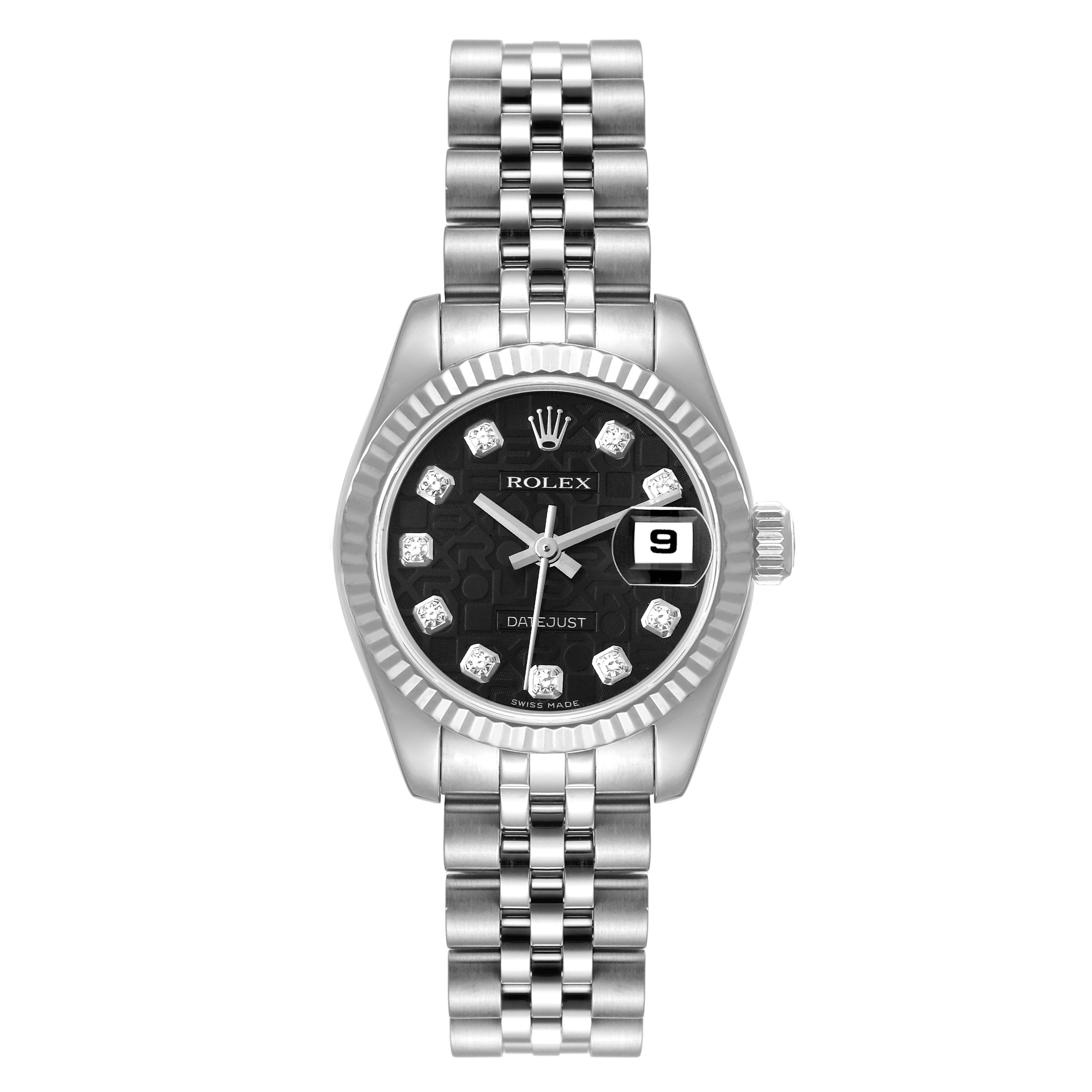 This image shows a Rolex Datejust 179174 Women's Stainless Steel Black Dial 179174 Women's Stainless Steel Black Dial watch from a top-down angle, displaying the face, bezel, and bracelet.