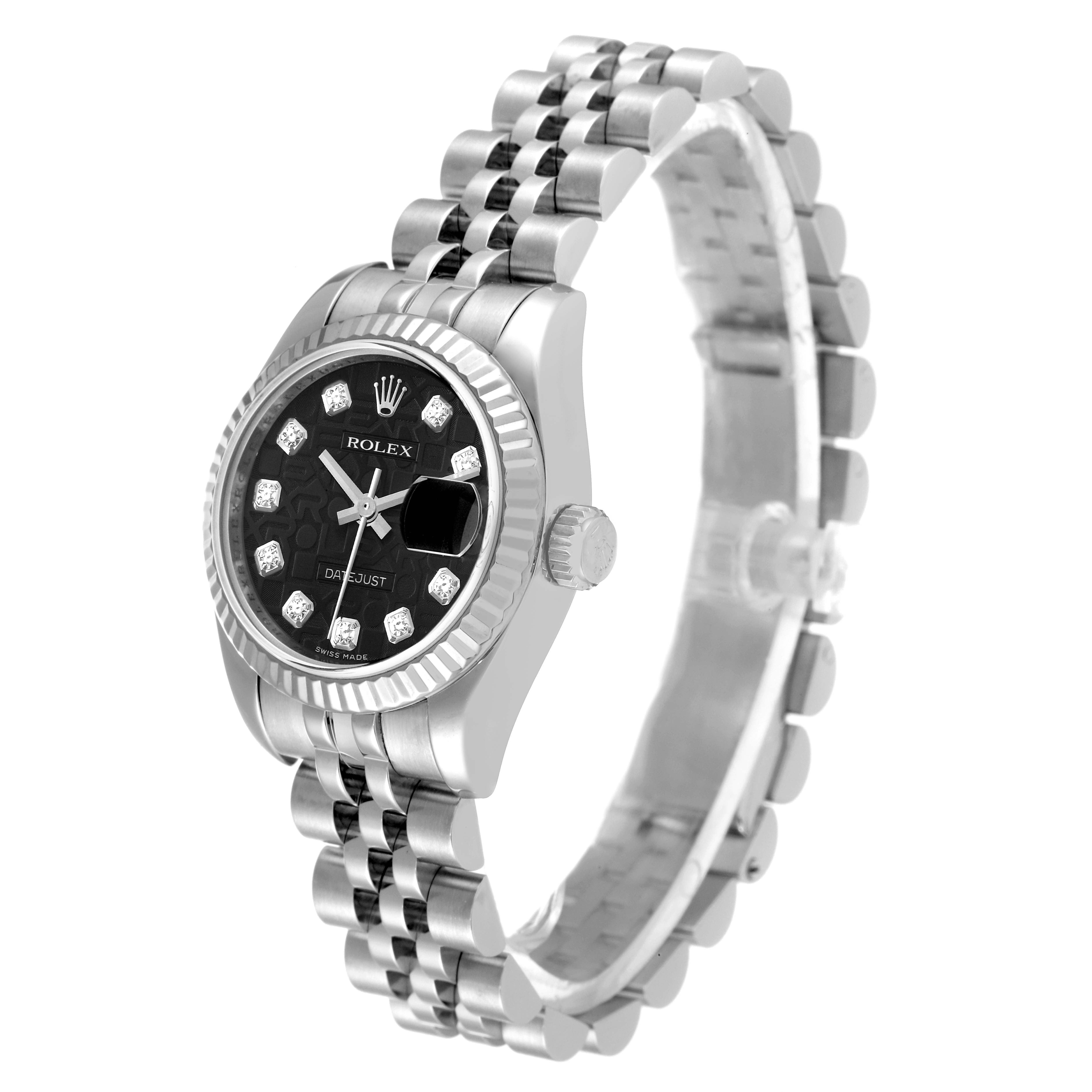 This image shows a Rolex Datejust 179174 Women's Stainless Steel Black Dial 179174 Women's Stainless Steel Black Dial watch from a three-quarter angle, highlighting its face, bezel, crown, and bracelet.