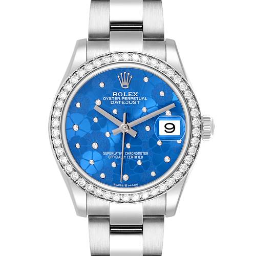The Rolex Mid-Size 278384 Women's Stainless Steel Blue Dial 278384 Women's Stainless Steel Blue Dial model is shown from the front, displaying the dial, bezel, and part of the bracelet.