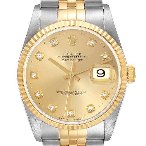 The Rolex Datejust 16233 Men's Steel and Gold (two tone) Champagne Dial 16233 Men's Steel and Gold (two tone) Champagne Dial watch is shown from a frontal angle, displaying the face, bezel, and part of the bracelet.