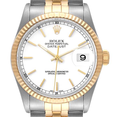 The image shows a front view of the Rolex Vintage Collection 16013 Men's Steel and Gold (two tone) White Dial 16013 Men's Steel and Gold (two tone) White Dial model, highlighting its dial, date window, bezel, and part of the bracelet.