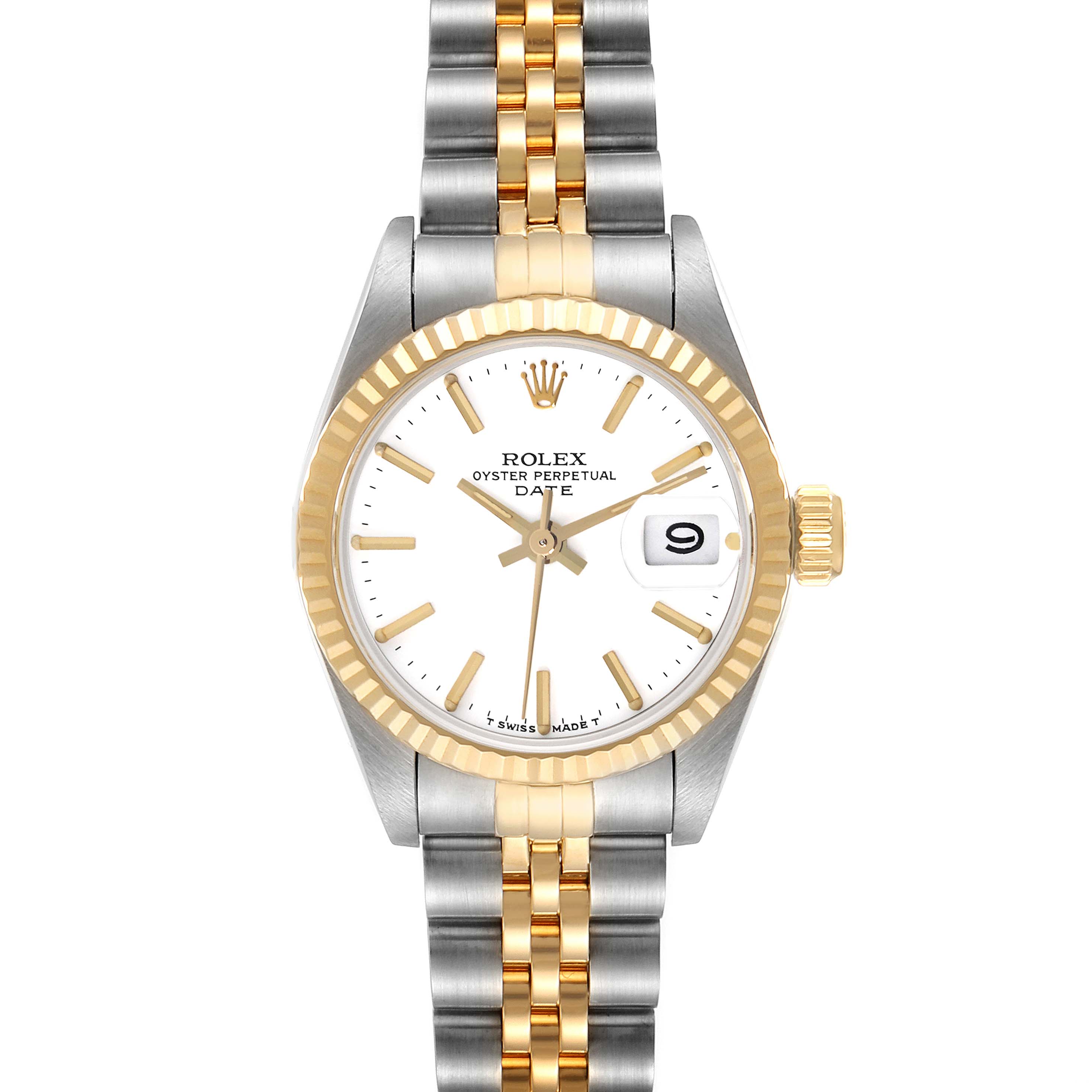 The Rolex Date 69173 Women's Steel and Gold (two tone) White Dial 69173 Women's Steel and Gold (two tone) White Dial watch is shown in a straight-on view, highlighting the dial, fluted bezel, and two-tone Jubilee bracelet.