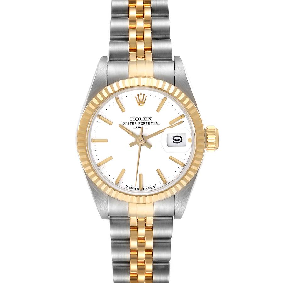 The Rolex Date 69173 Women's Steel and Gold (two tone) White Dial 69173 Women's Steel and Gold (two tone) White Dial watch is shown in a straight-on view, highlighting the dial, fluted bezel, and two-tone Jubilee bracelet.