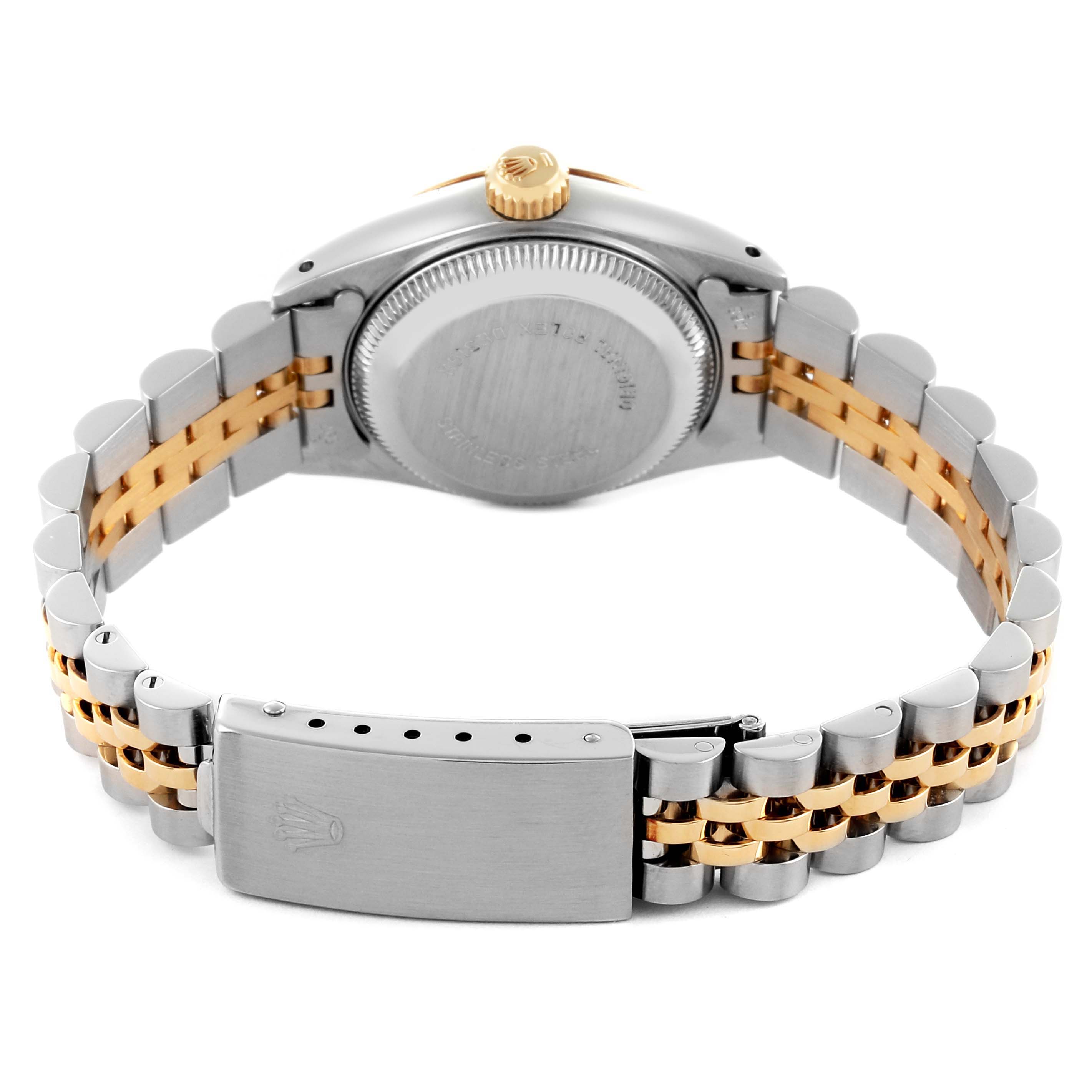 The image shows the back of the Rolex Date 69173 Women's Steel and Gold (two tone) White Dial 69173 Women's Steel and Gold (two tone) White Dial watch, featuring its clasp, bracelet, and case back in a two-tone design.