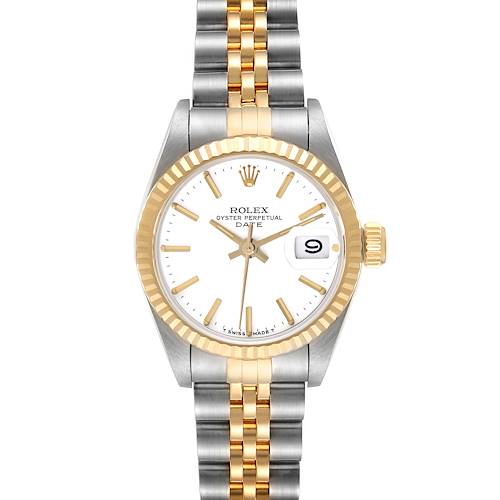 The Rolex Date 69173 Women's Steel and Gold (two tone) White Dial 69173 Women's Steel and Gold (two tone) White Dial model is shown from the front, displaying the dial, bezel, and two-tone bracelet.