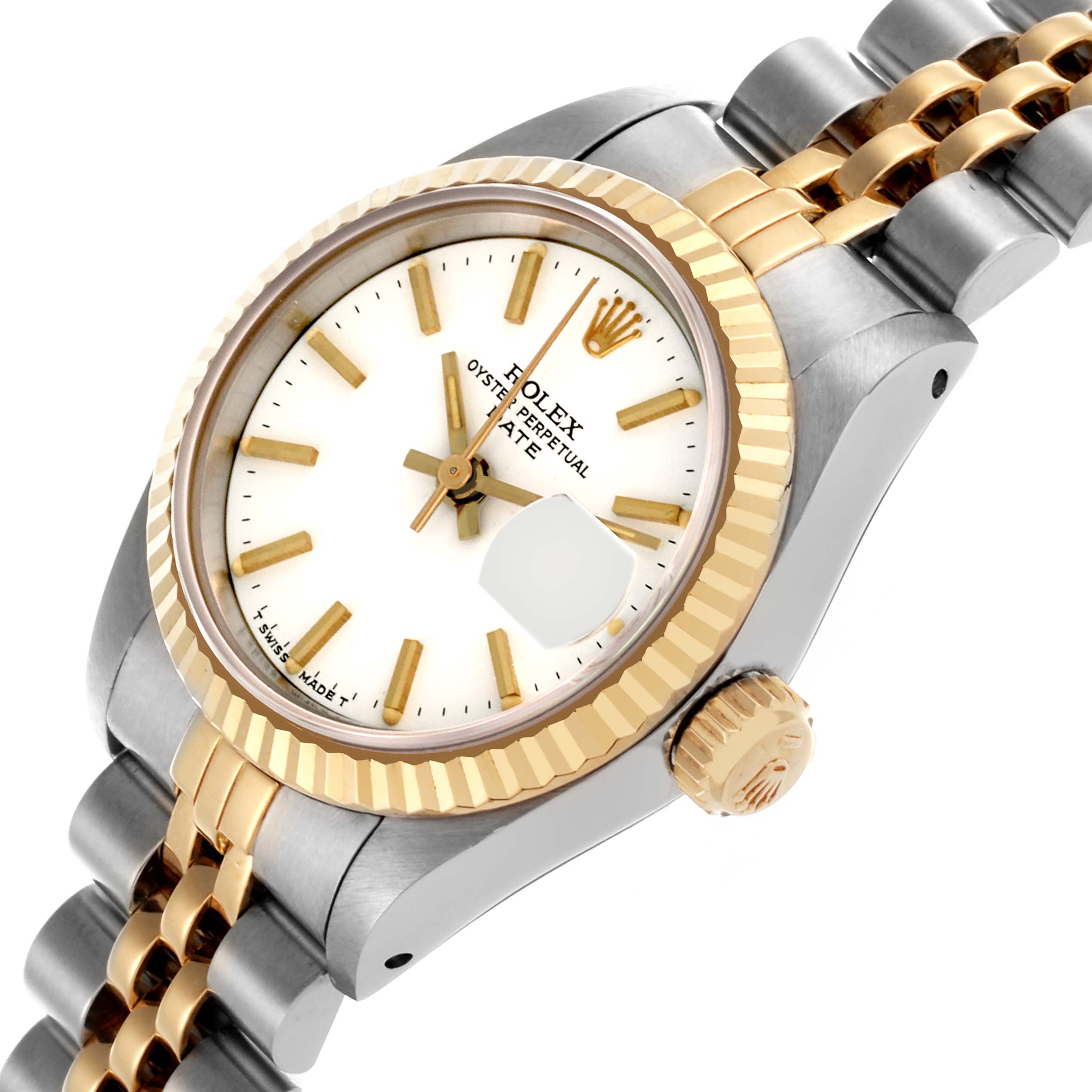 This Rolex Date 69173 Women's Steel and Gold (two tone) White Dial 69173 Women's Steel and Gold (two tone) White Dial model is shown at a slight angle, highlighting the dial, bezel, crown, and part of the bracelet.