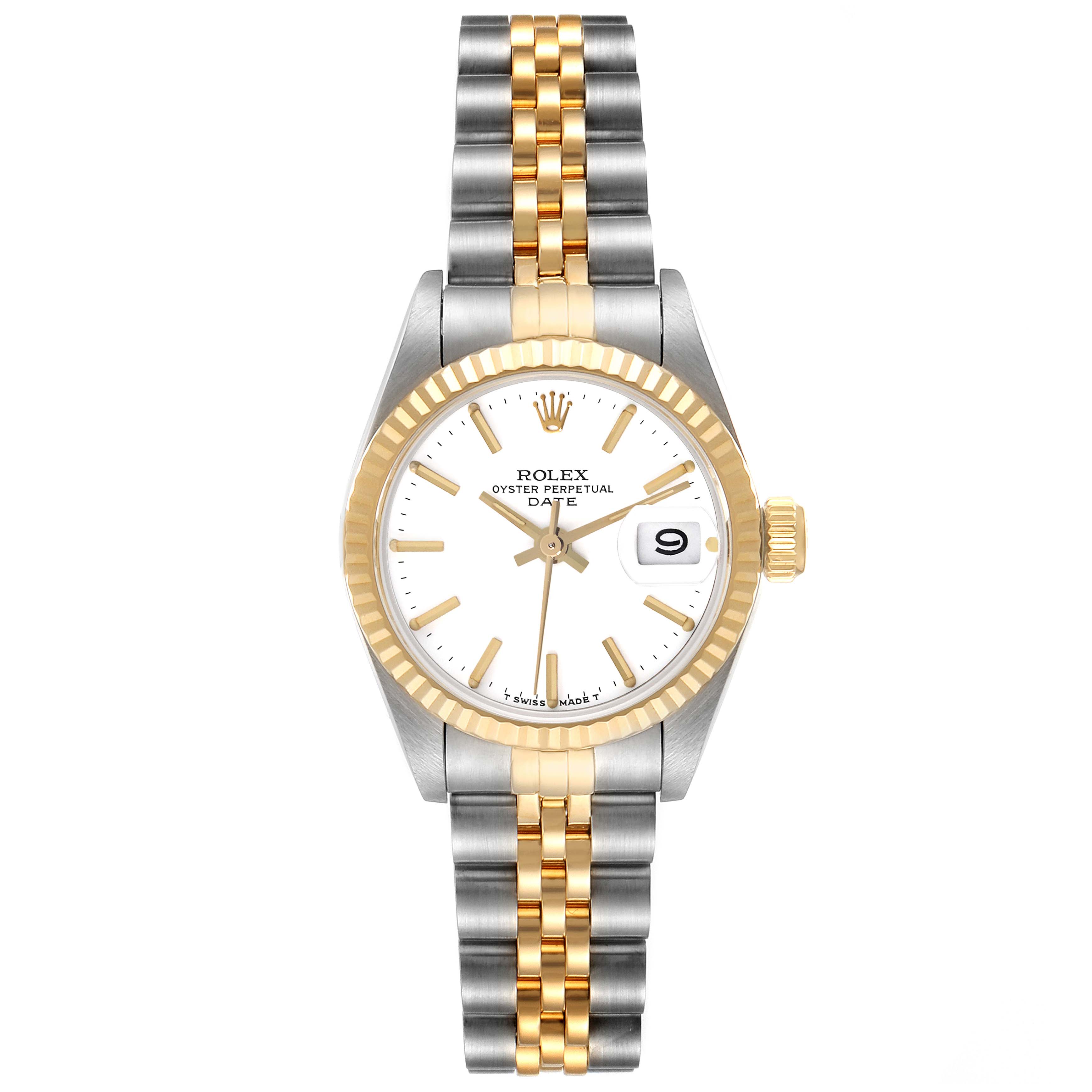 Front view of a Rolex Date 69173 Women's Steel and Gold (two tone) White Dial 69173 Women's Steel and Gold (two tone) White Dial model watch displaying the dial, bezel, and bracelet.