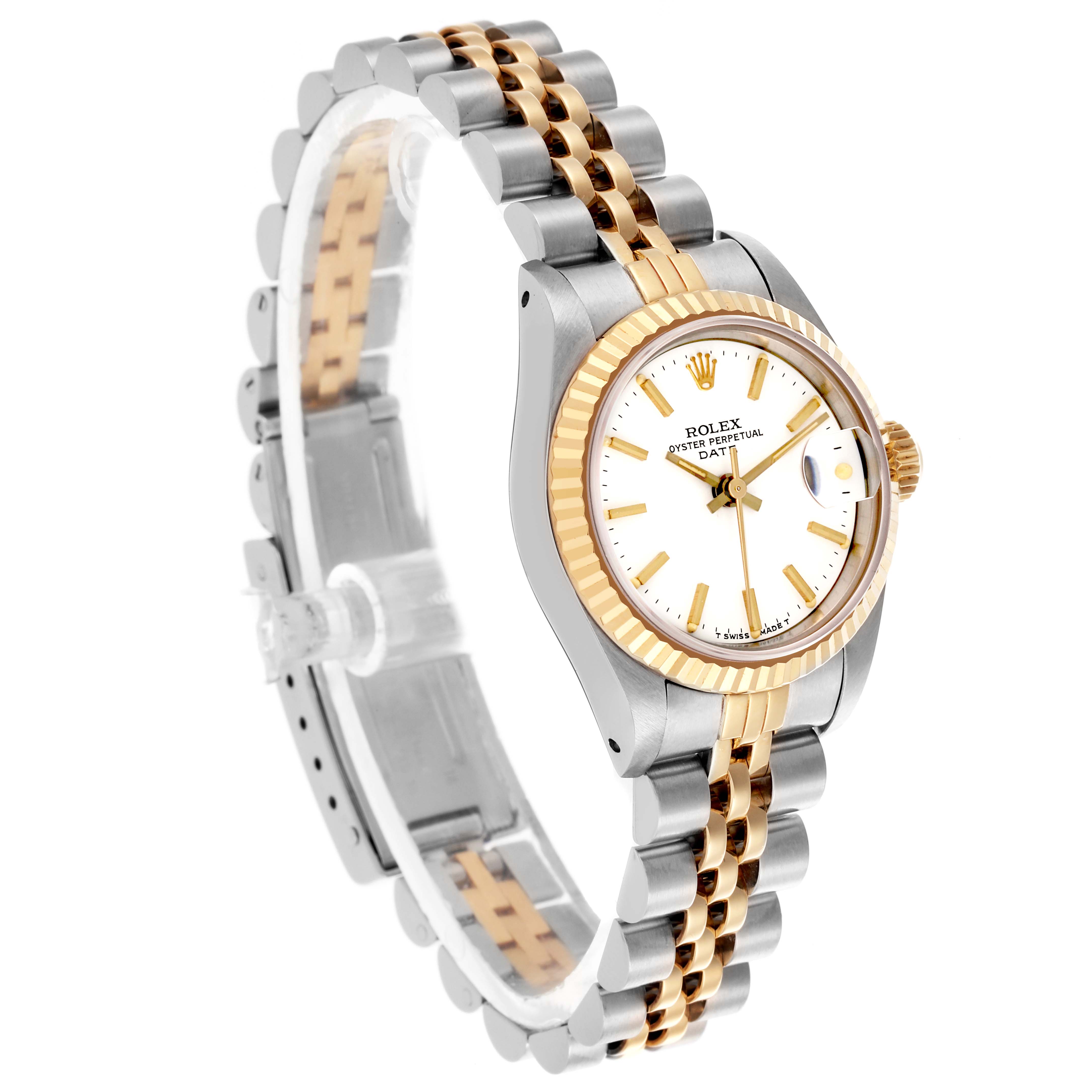 The Rolex Date 69173 Women's Steel and Gold (two tone) White Dial 69173 Women's Steel and Gold (two tone) White Dial watch is shown at a three-quarter angle, highlighting its face, bezel, and jubilee bracelet.