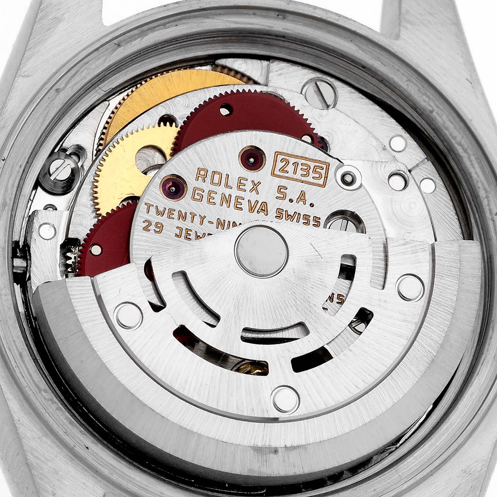 The image shows the movement mechanism of a Rolex Date 69173 Women's Steel and Gold (two tone) White Dial 69173 Women's Steel and Gold (two tone) White Dial watch from a top-down angle, highlighting the gears and rotor.