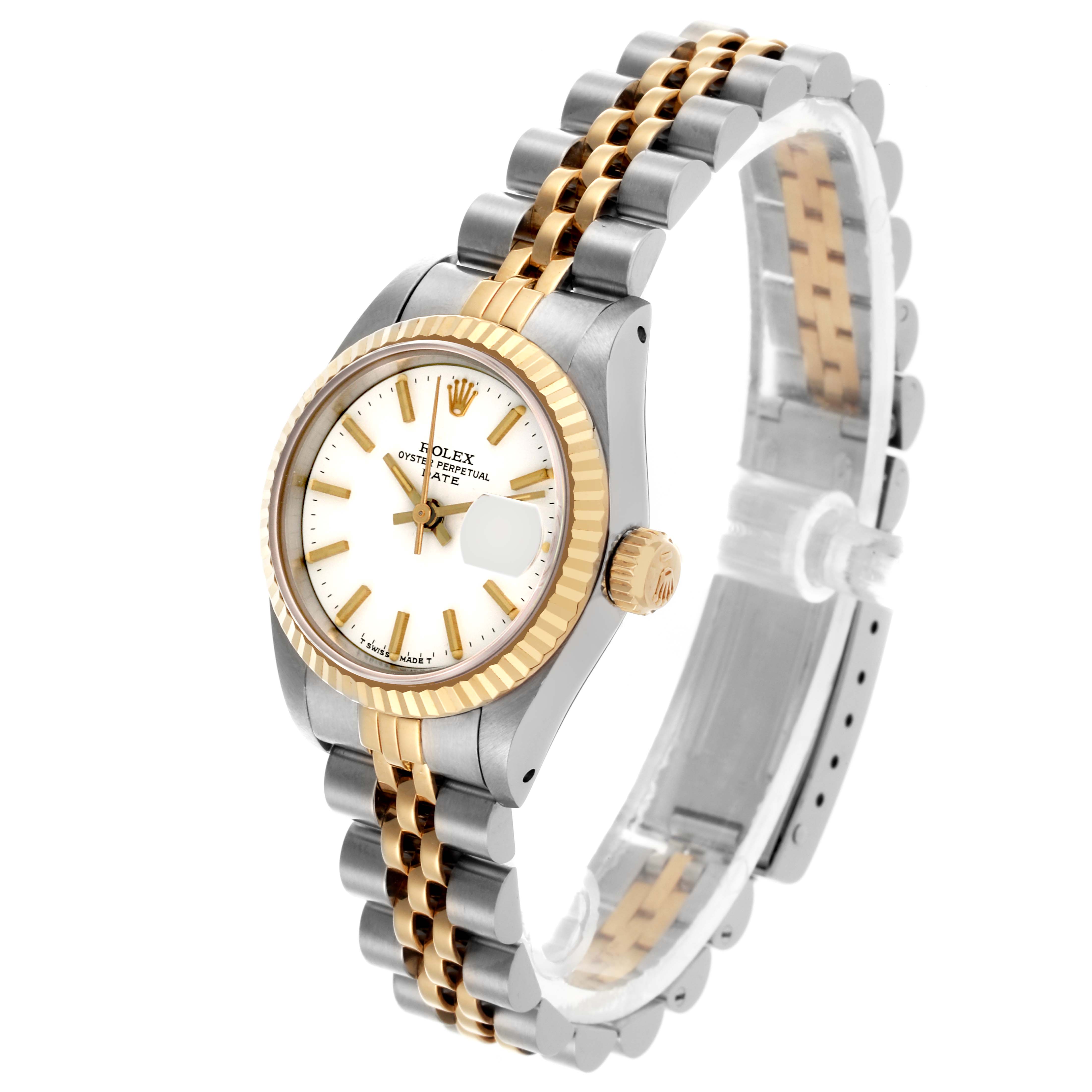 The Rolex Date 69173 Women's Steel and Gold (two tone) White Dial 69173 Women's Steel and Gold (two tone) White Dial watch is shown at a three-quarter angle, highlighting the face, fluted bezel, crown, and two-tone bracelet.