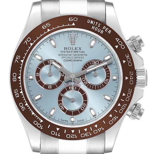 The Rolex Daytona 116506 Men's Platinum Blue Dial 116506 Men's Platinum Blue Dial watch is shown from a front angle, highlighting the dial, bezel, and chronograph sub-dials.