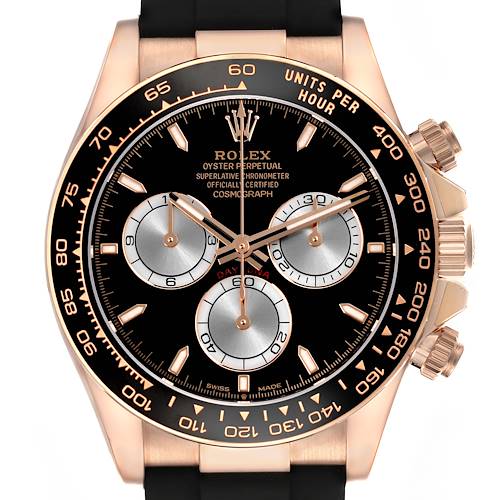 The Rolex Daytona 126515 Men's Rose Gold Black Dial 126515 Men's Rose Gold Black Dial watch is shown from the front, displaying the face, bezel, and side buttons.