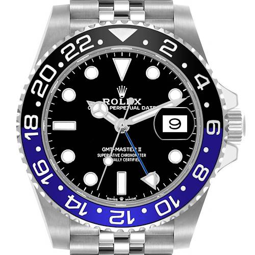 The Rolex GMT-Master 126710BLNR Men's Stainless Steel Black Dial 126710BLNR Men's Stainless Steel Black Dial II watch is shown from the front, displaying the bezel, dial, hands, and date window.