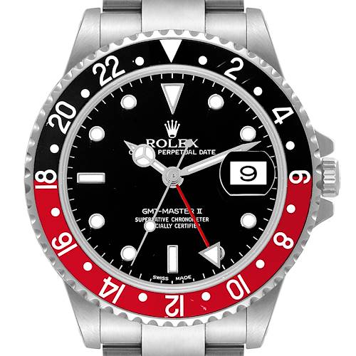 This image shows the dial and bezel of a Rolex GMT-Master 16710 Men's Stainless Steel Black Dial 16710 Men's Stainless Steel Black Dial II watch from a front angle.
