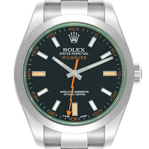 The Rolex Milgauss 116400GV Men's Stainless Steel Black Dial 116400GV Men's Stainless Steel Black Dial watch is shown from a front view, featuring its dial, hands, markers, and bezel.