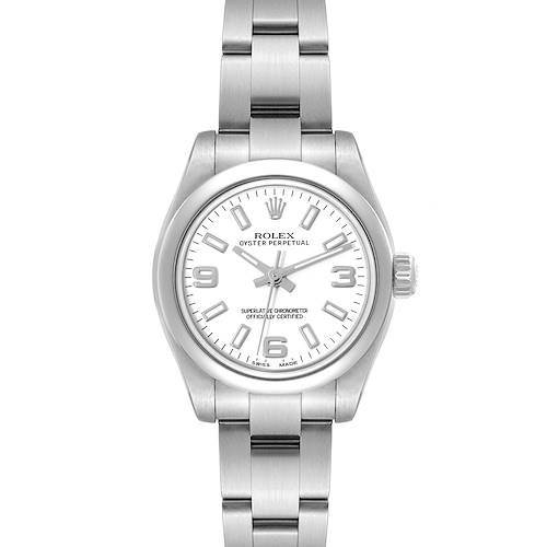 This Rolex Oyster Perpetual 176200 Women's Stainless Steel White Dial 176200 Women's Stainless Steel White Dial watch is shown from a top-down angle, displaying the dial and metal bracelet.