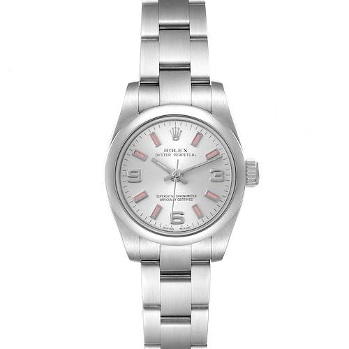 The image shows a front view of the Rolex Oyster Perpetual 176200 Women's Stainless Steel Silver Dial 176200 Women's Stainless Steel Silver Dial watch, displaying its face, bezel, crown, and bracelet.