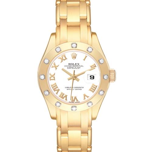 The Rolex Pearlmaster 80318 Women's Yellow Gold White Dial 80318 Women's Yellow Gold White Dial watch is shown from the front, displaying the face, dial, bezel, crown, and bracelet.