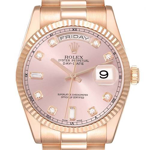 This Rolex President 118235 Men's Rose Gold Pink Dial 118235 Men's Rose Gold Pink Dial watch is shown from a front angle, displaying its dial, bezel, and part of the bracelet.