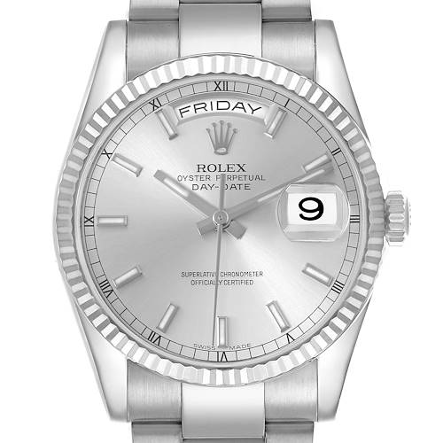 The Rolex President 118239 Men's White Gold Silver Dial 118239 Men's White Gold Silver Dial model watch is shown from a front angle, displaying the dial, bezel, day-date features, and part of the bracelet.