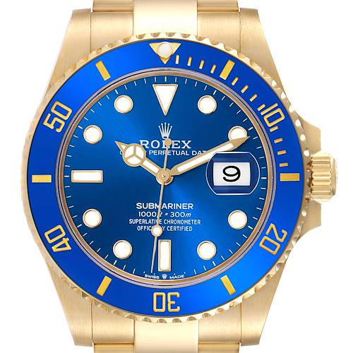 The image shows a front view of the Rolex Submariner 126618LB Men's Yellow Gold Blue Dial 126618LB Men's Yellow Gold Blue Dial, displaying the blue dial, bezel, and part of the bracelet.