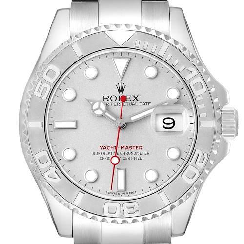 The image shows the face of a Rolex Yacht-Master 16622 Men's Stainless Steel Silver Dial 16622 Men's Stainless Steel Silver Dial, displaying the dial, bezel, and crown from a front angle.