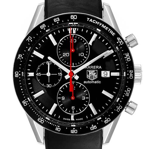 The Tag Heuer Carrera CV2014.FC6233 Men's Stainless Steel Black Dial CV2014.FC6233 Men's Stainless Steel Black Dial watch is shown from a top-front angle, highlighting its dial, subdials, tachymeter bezel, and crown.