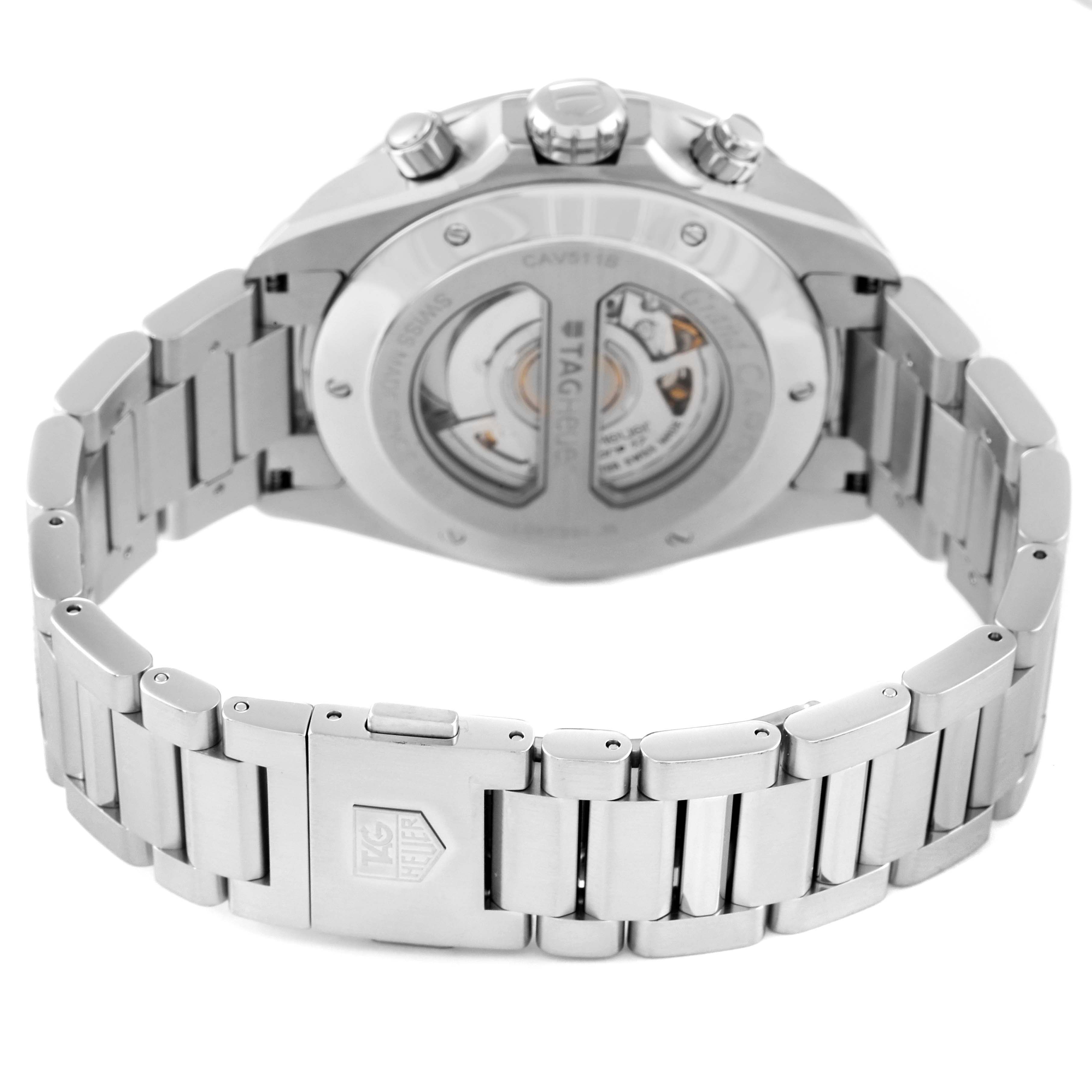 This image shows the back view of a Tag Heuer Carrera CAV511B.BA0902 Men's Stainless Steel Silver Dial CAV511B.BA0902 Men's Stainless Steel Silver Dial watch, displaying the bracelet and transparent case back.