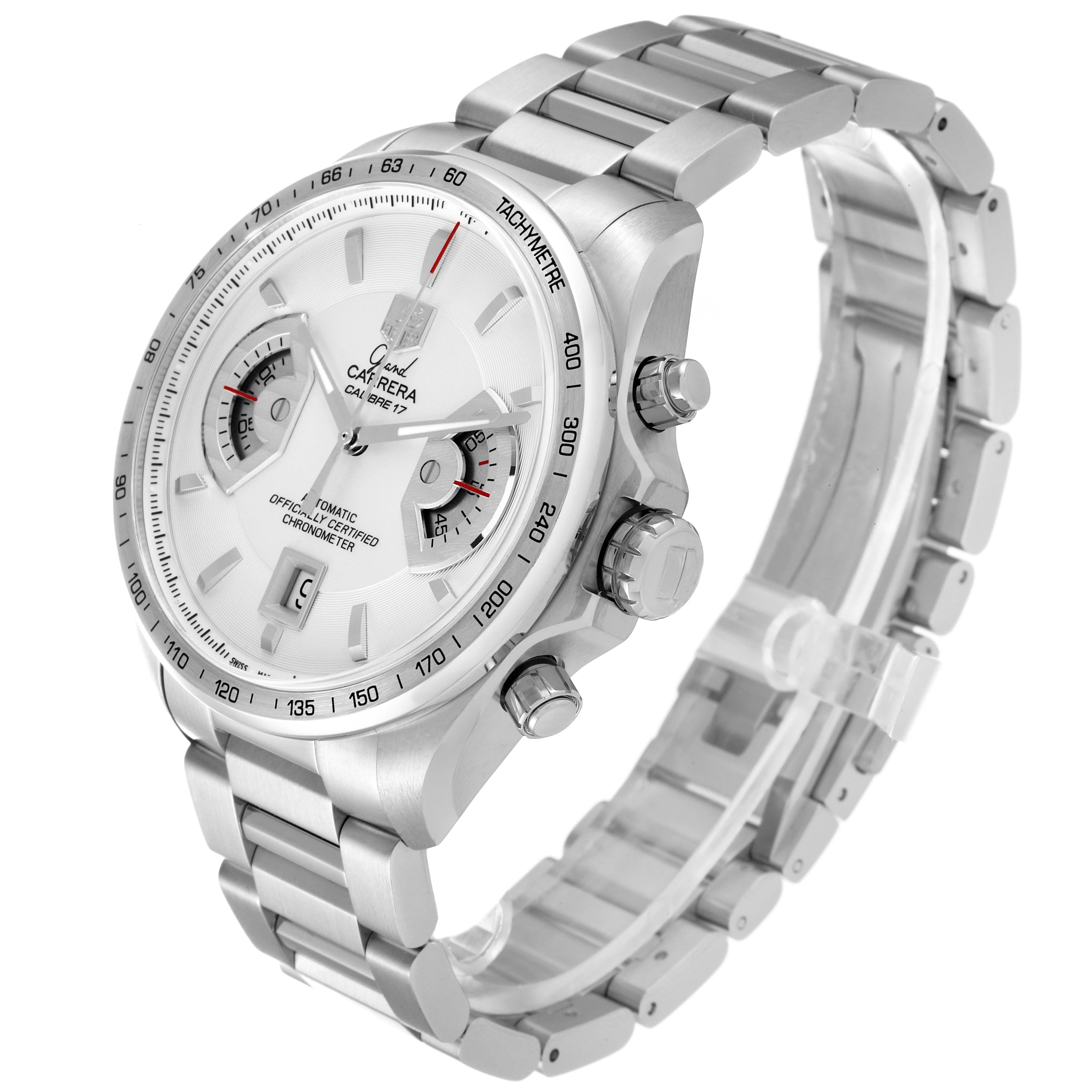 The image shows a Tag Heuer Carrera CAV511B.BA0902 Men's Stainless Steel Silver Dial CAV511B.BA0902 Men's Stainless Steel Silver Dial watch angled to display the face, buttons, and part of the metal bracelet.