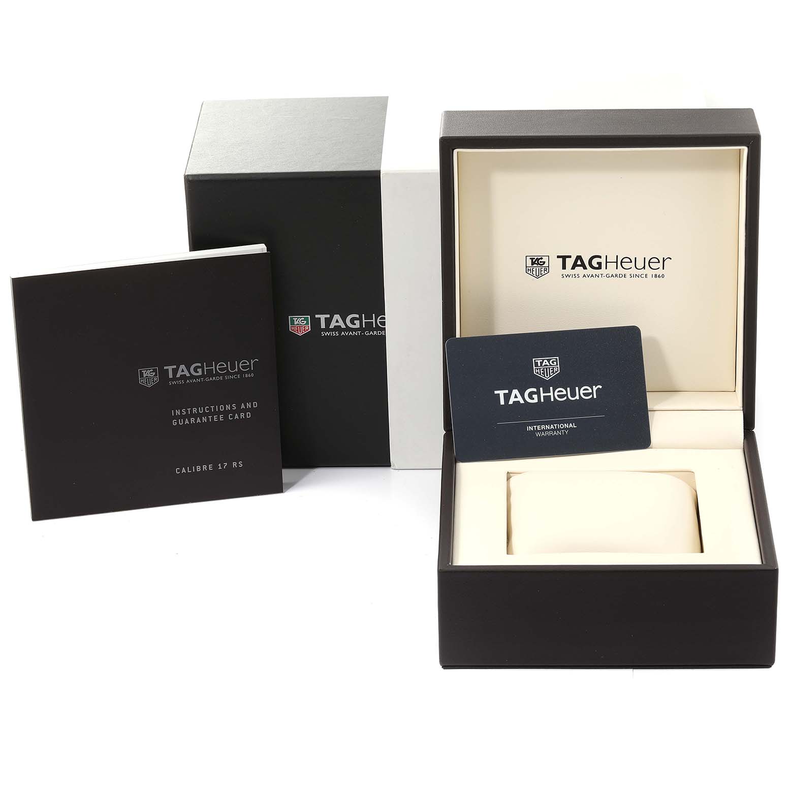 The image shows the packaging, instruction booklet, and warranty card for a Tag Heuer Carrera CAV511B.BA0902 Men's Stainless Steel Silver Dial CAV511B.BA0902 Men's Stainless Steel Silver Dial watch.