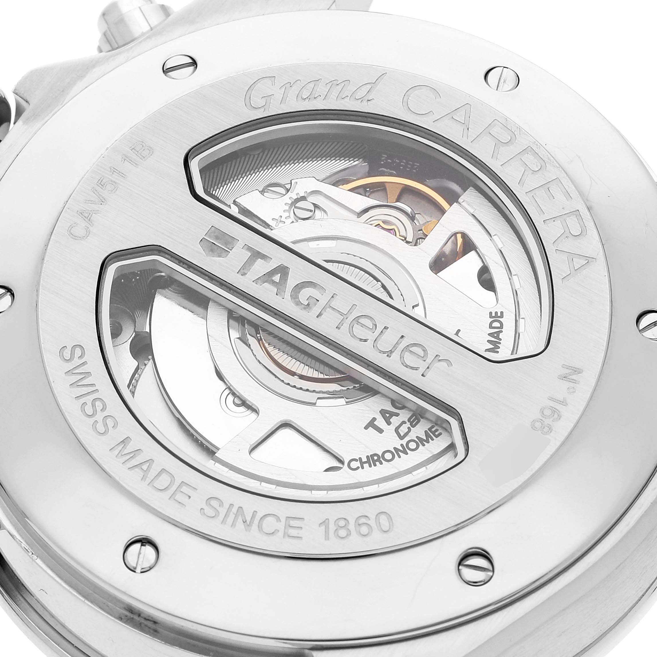 The image shows the back view of the Tag Heuer Carrera CAV511B.BA0902 Men's Stainless Steel Silver Dial CAV511B.BA0902 Men's Stainless Steel Silver Dial watch, highlighting its inner mechanics and branding.