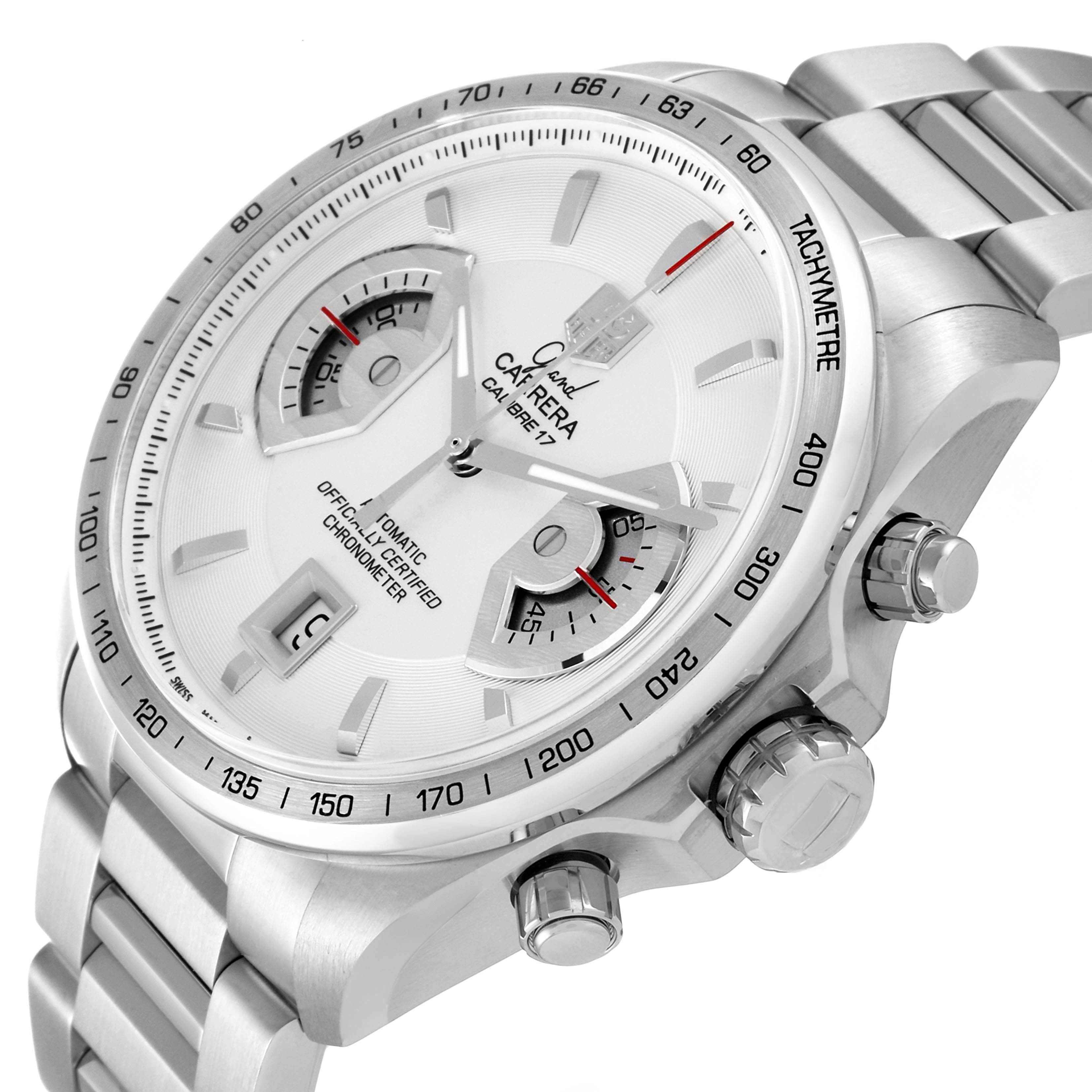The image shows a Tag Heuer Carrera CAV511B.BA0902 Men's Stainless Steel Silver Dial CAV511B.BA0902 Men's Stainless Steel Silver Dial watch from a slight angle, highlighting its face, side buttons, and part of the bracelet.