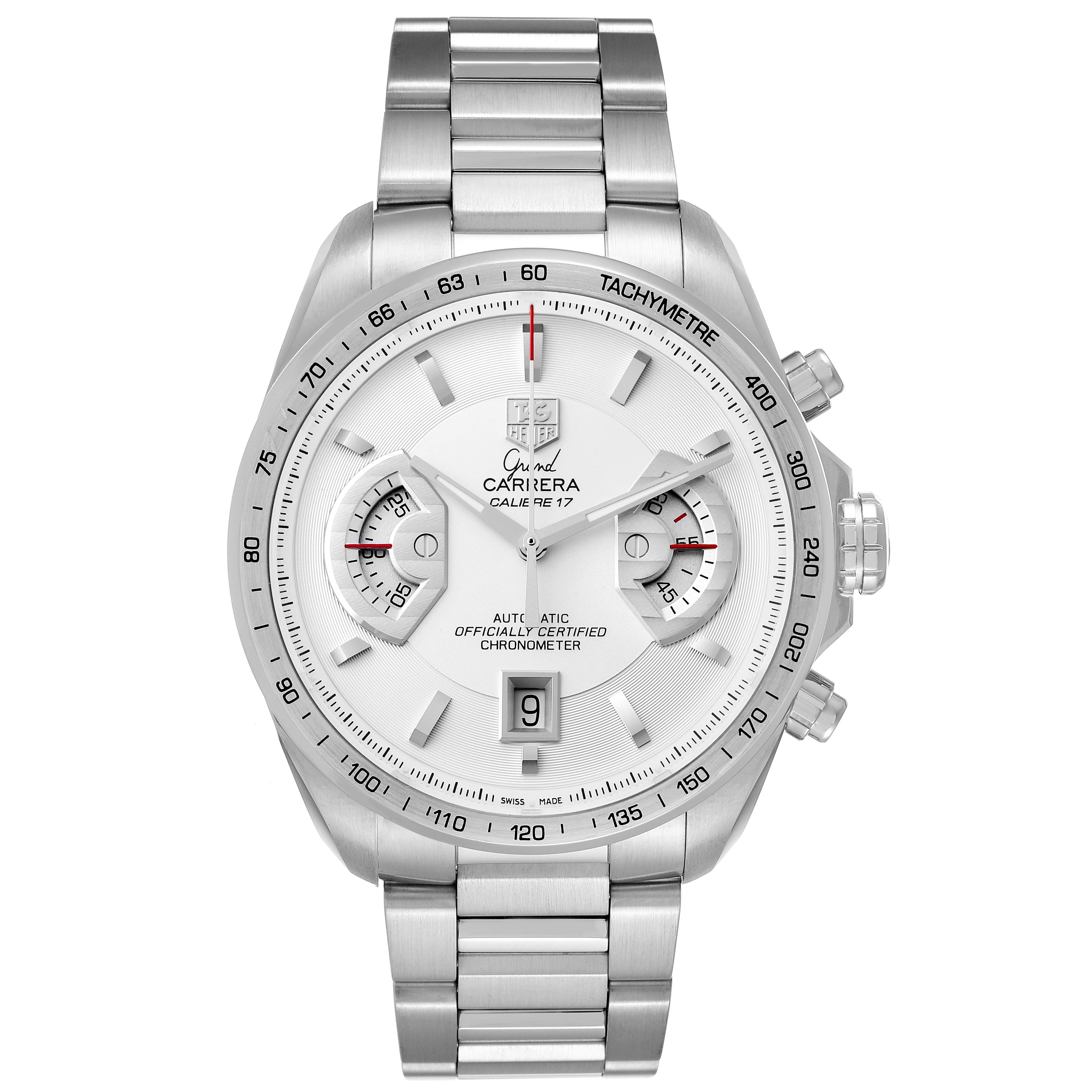 The image shows a front view of the Tag Heuer Carrera CAV511B.BA0902 Men's Stainless Steel Silver Dial CAV511B.BA0902 Men's Stainless Steel Silver Dial watch, highlighting its face, dial, chronograph sub-dials, and metal bracelet.