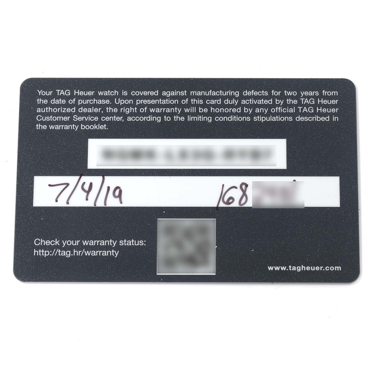 This image shows the warranty card for a Tag Heuer Carrera CAV511B.BA0902 Men's Stainless Steel Silver Dial CAV511B.BA0902 Men's Stainless Steel Silver Dial watch, displayed front-facing.
