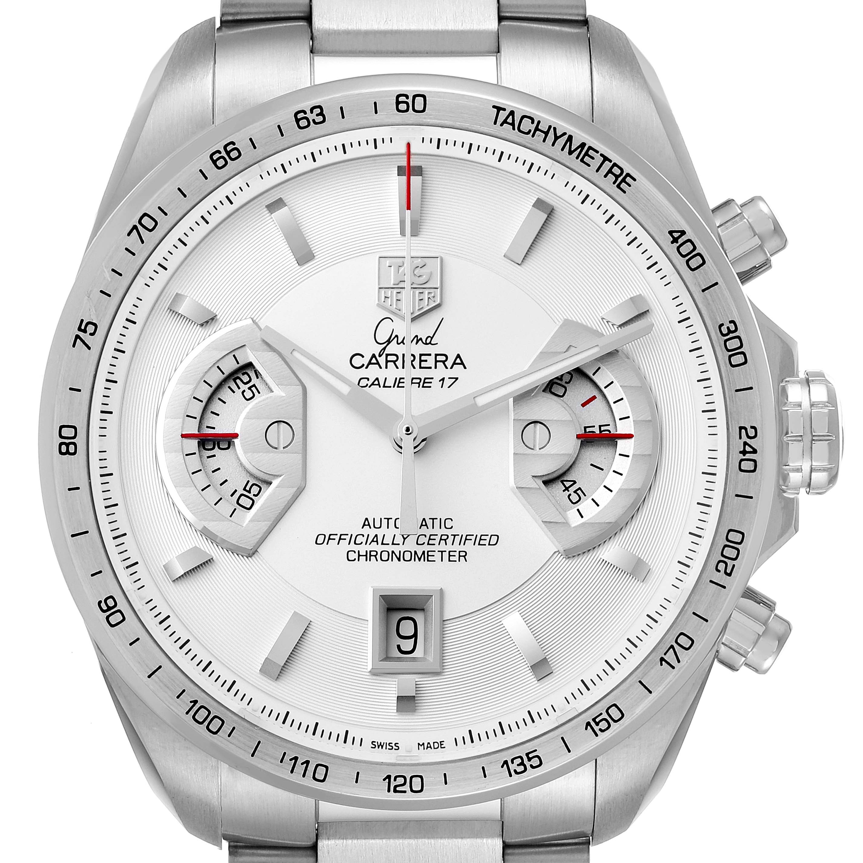 The image shows a frontal view of the Tag Heuer Carrera CAV511B.BA0902 Men's Stainless Steel Silver Dial CAV511B.BA0902 Men's Stainless Steel Silver Dial Calibre 17 watch with its dial, sub-dials, and tachymeter bezel visible.