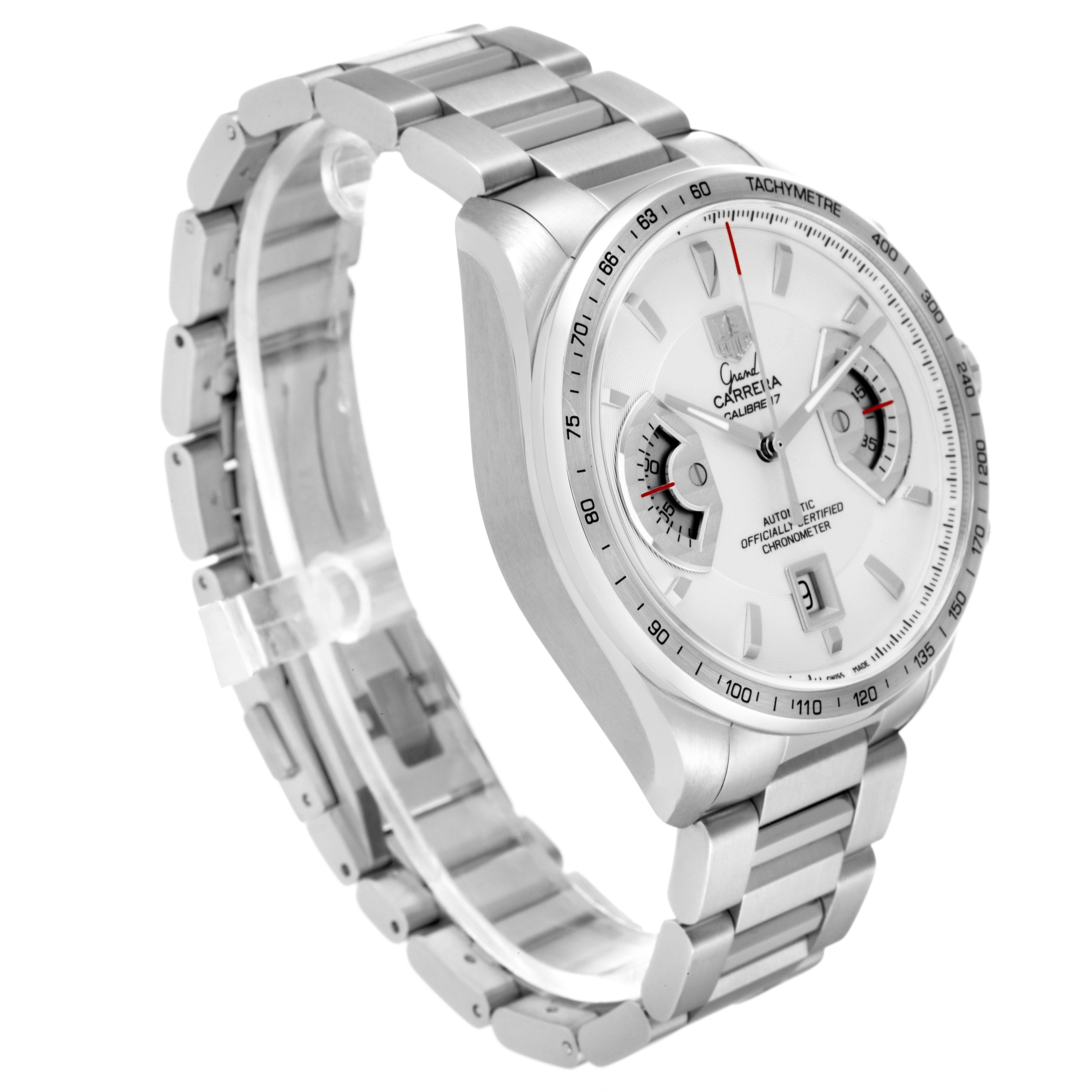 The image shows a side angle of the Tag Heuer Carrera CAV511B.BA0902 Men's Stainless Steel Silver Dial CAV511B.BA0902 Men's Stainless Steel Silver Dial model watch, highlighting its bracelet, case, and dial.