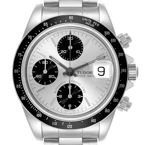 The Tudor Prince 79260P Men's Stainless Steel Silver Dial 79260P Men's Stainless Steel Silver Dial watch is shown from the front, highlighting the dial, three subdials, bezel, and date magnifier.
