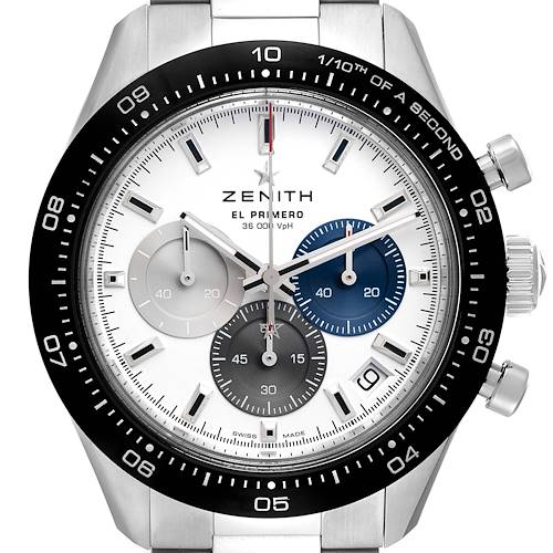 The image shows a frontal view of the Zenith El Primero watch, displaying its dial, subdials, bezel, and crown.