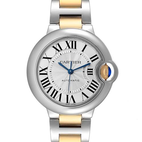 This image shows a front view of the Cartier Ballon Bleu W2BB0029 Women's Steel and Gold (two tone) Silver Dial W2BB0029 Women's Steel and Gold (two tone) Silver Dial watch, highlighting its dial, hands, Roman numerals, and bracelet.