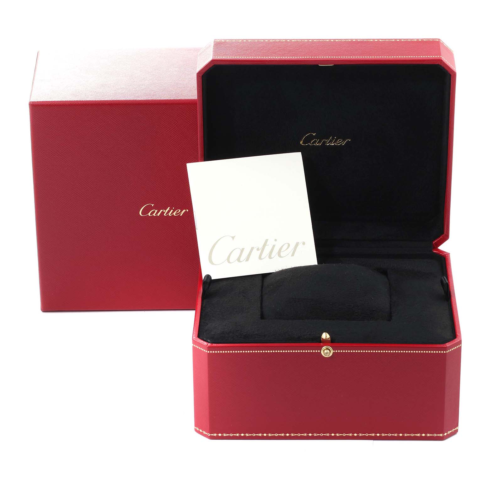 The image shows the red presentation box and warranty card for the Cartier Tank Americaine W2603156 Men's Yellow Gold Silver Dial W2603156 Men's Yellow Gold Silver Dial watch.