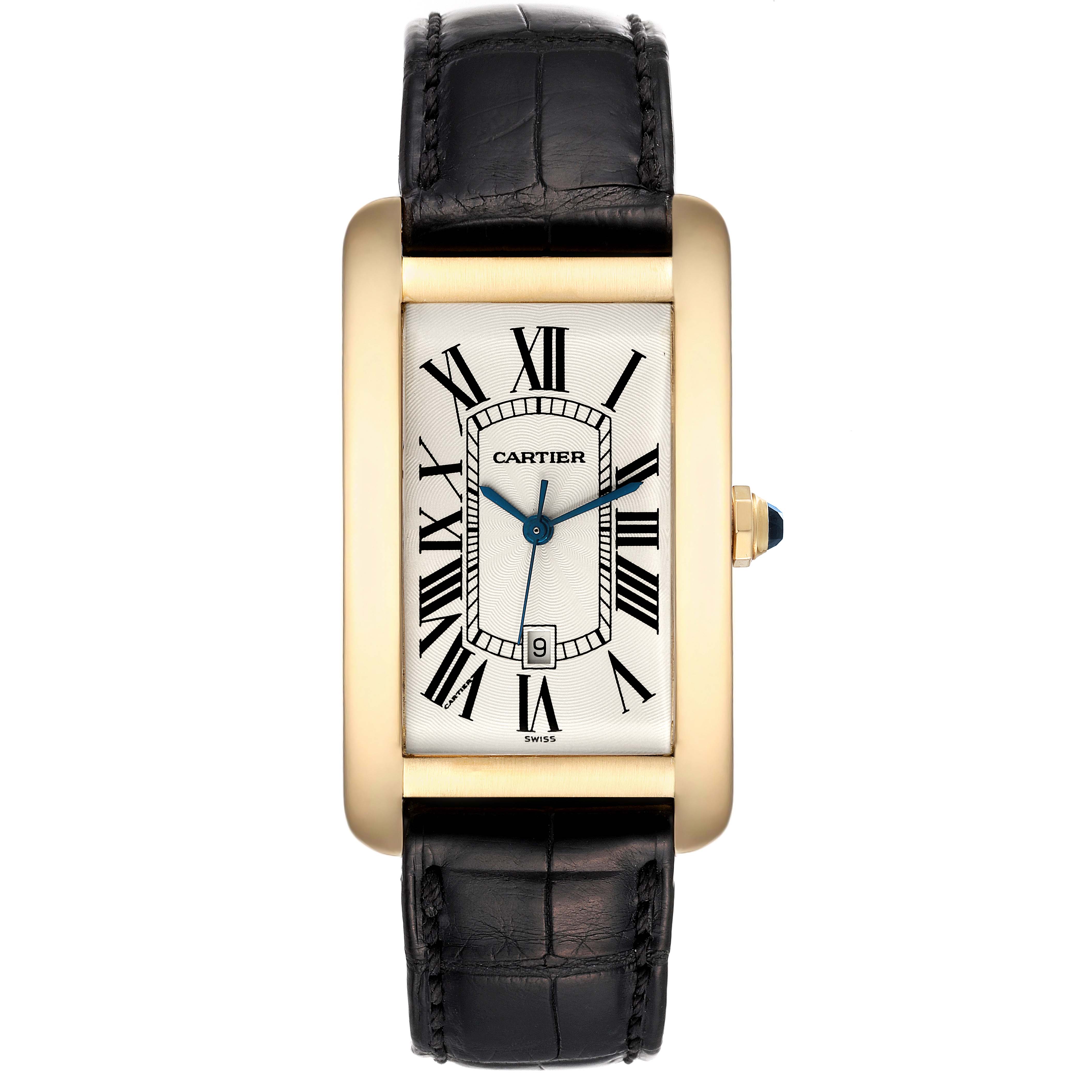 The Cartier Tank Americaine W2603156 Men's Yellow Gold Silver Dial W2603156 Men's Yellow Gold Silver Dial watch is shown from a top-down angle, displaying the face, bezel, and strap.