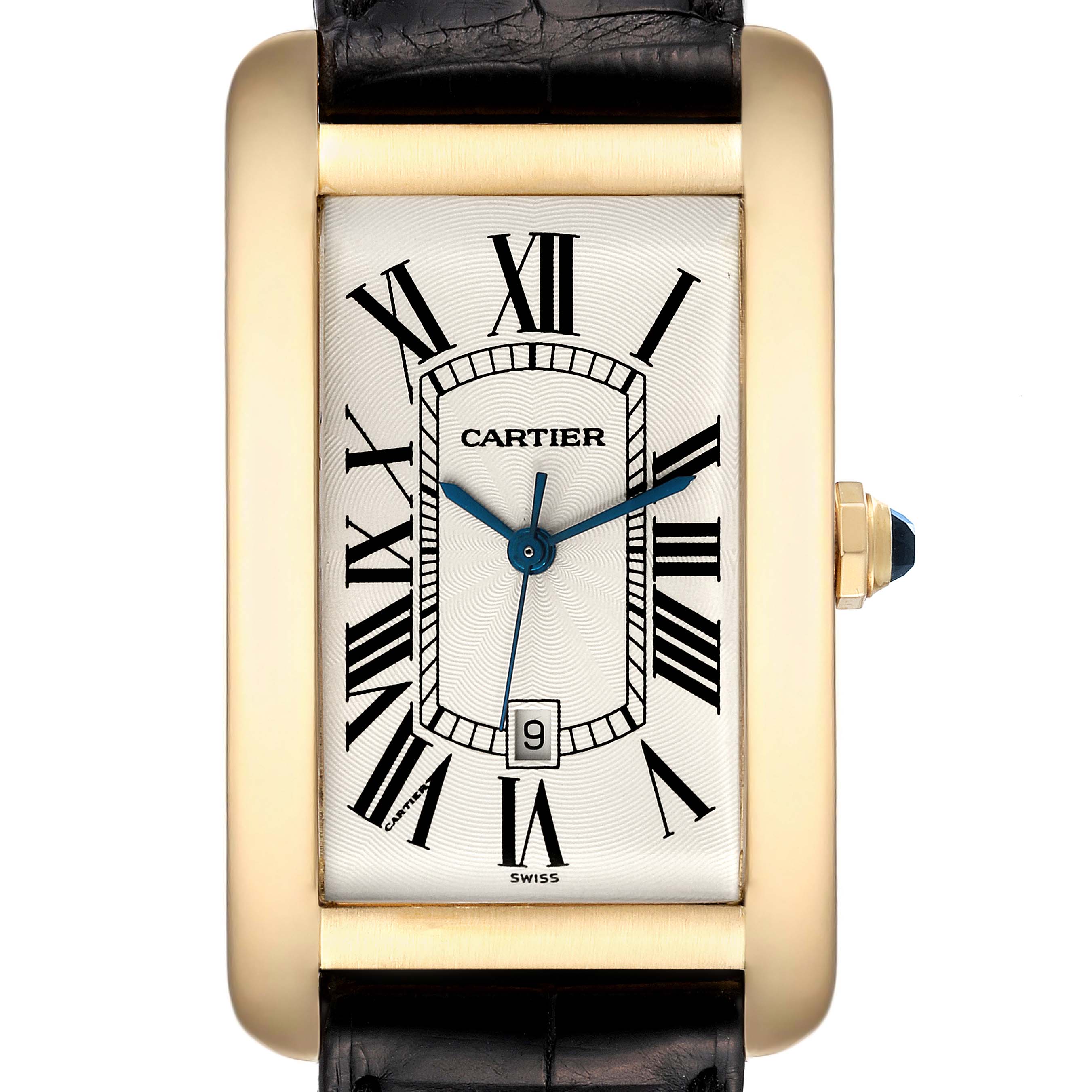 This image shows a front view of the Cartier Tank Americaine W2603156 Men's Yellow Gold Silver Dial W2603156 Men's Yellow Gold Silver Dial watch, featuring a gold rectangular case, Roman numeral dial, and blue hands.