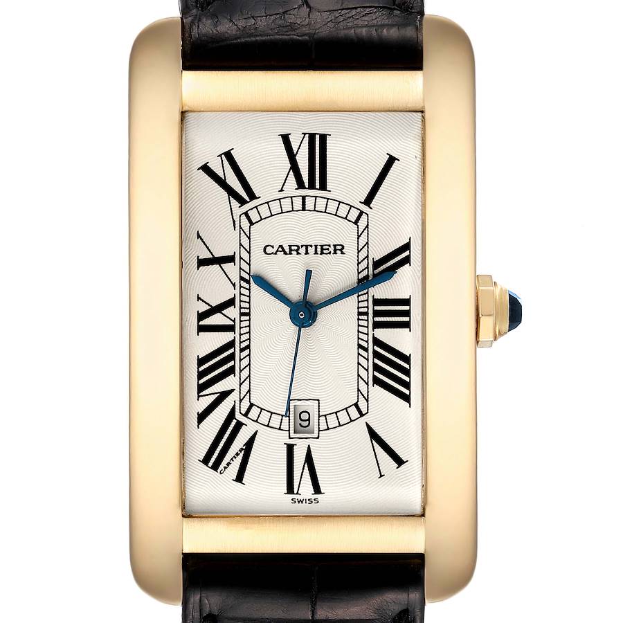 This image shows a front view of the Cartier Tank Americaine W2603156 Men's Yellow Gold Silver Dial W2603156 Men's Yellow Gold Silver Dial watch, featuring a gold rectangular case, Roman numeral dial, and blue hands.