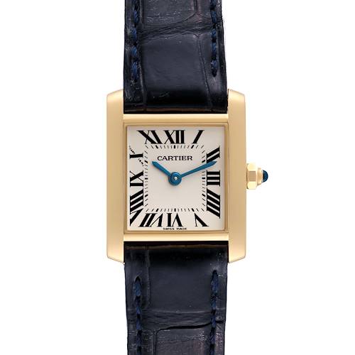The image shows a front view of a Cartier Tank Française watch, highlighting its face, hands, and part of the leather strap.