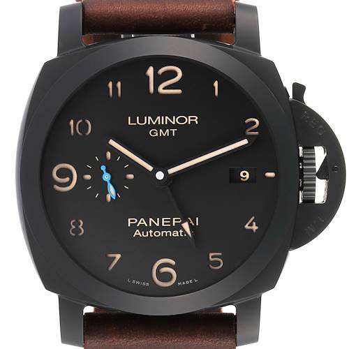 This image shows a front view of a Panerai Luminor PAM01441 Men's Ceramic Black Dial PAM01441 Men's Ceramic Black Dial GMT watch, highlighting its dial, hands, crown guard, and strap.