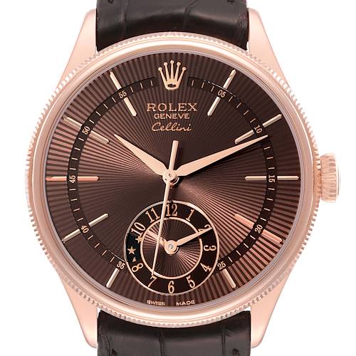 This image shows a close-up front view of the Rolex Cellini 50525 Men's Rose Gold Brown Dial 50525 Men's Rose Gold Brown Dial watch dial and part of its leather strap.