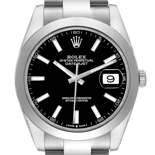 The Rolex Datejust 41 126300 Men's Stainless Steel Grey Dial 126300 Men's Stainless Steel Grey Dial watch is shown from a frontal angle, highlighting the black dial, hands, markers, and date window.