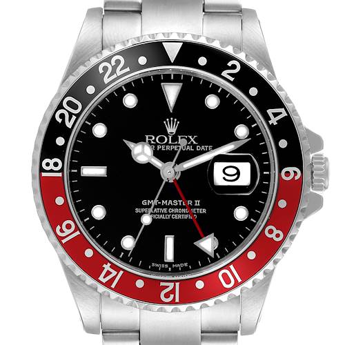 The Rolex GMT-Master 16710 Men's Stainless Steel Black Dial 16710 Men's Stainless Steel Black Dial watch is shown from the front, displaying its bezel, dial, crown, and part of the bracelet.